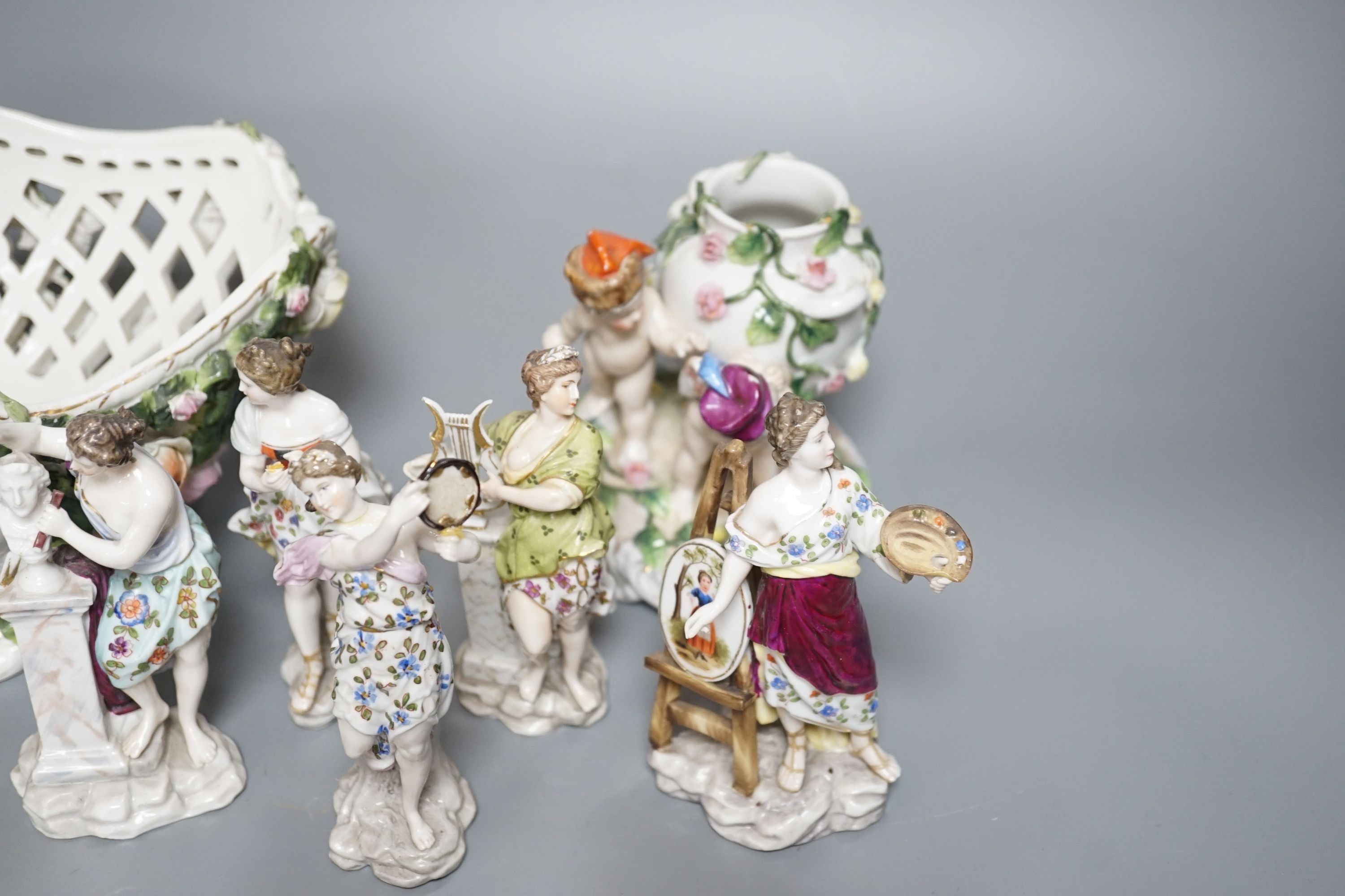 A Sitzendorf porcelain basket, 24cm, Sitzendorf vase and a set of six Volkstedt figures